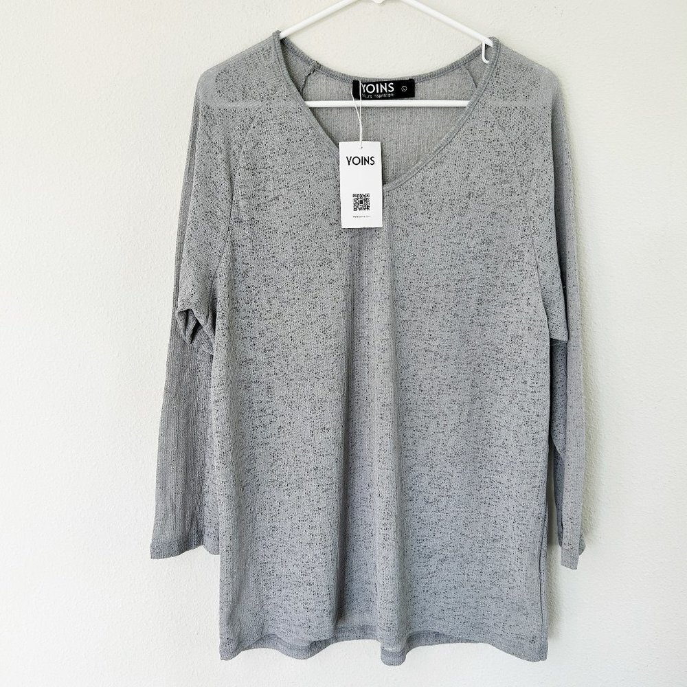 Yoins Sweater Womens‎ Size L Grey V Neck Pullover Lightweight Casual NWT
